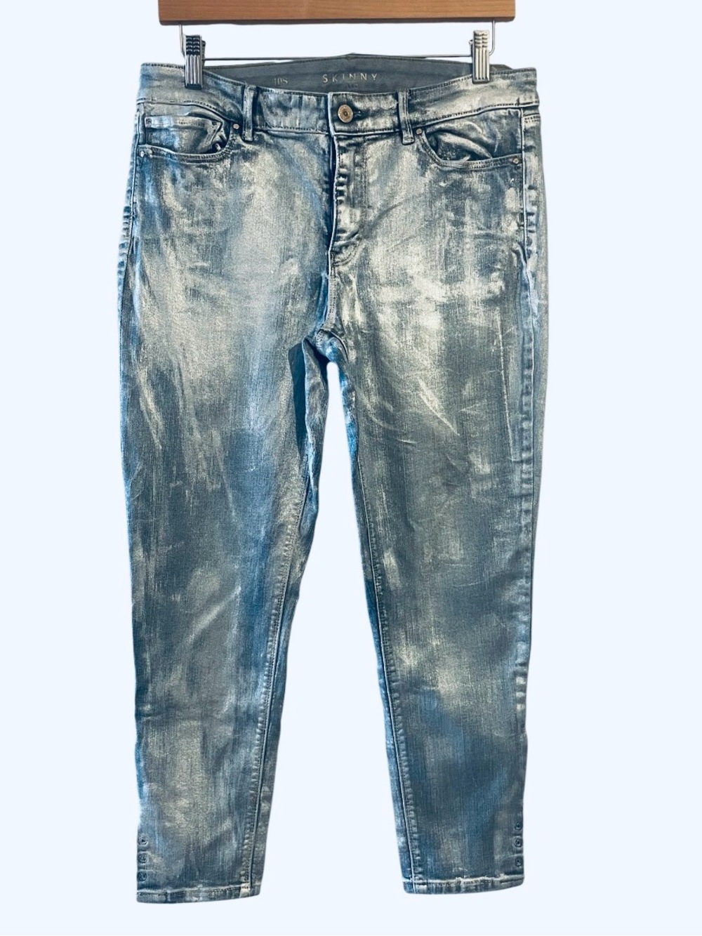 White House Black Market Blue Denim Silver Metallic Coated Jeans Size 10S